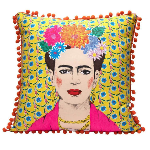 Cushion - Boho Yellow Tassel Frida Kahlo Cushion - Orange Pom Pom - The shop of nice things
