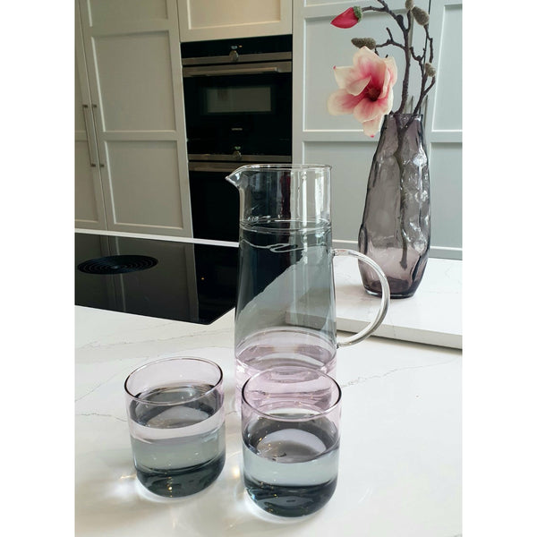 Glass tumbler, 3 colours, pink, clear and grey