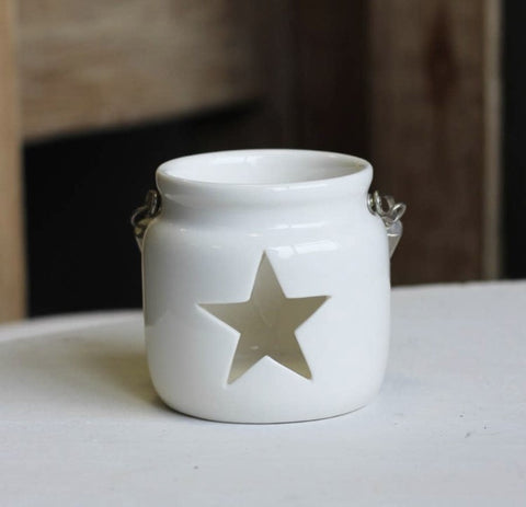 Star cut tealight holder in white with chunky rope, 7 cm